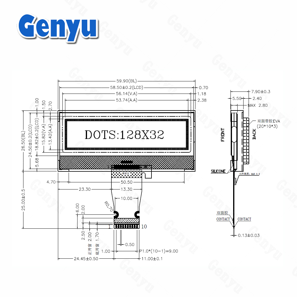 Genyu 2.2 inch 128x32 Dot Stn Blue LCD Display COG LCD