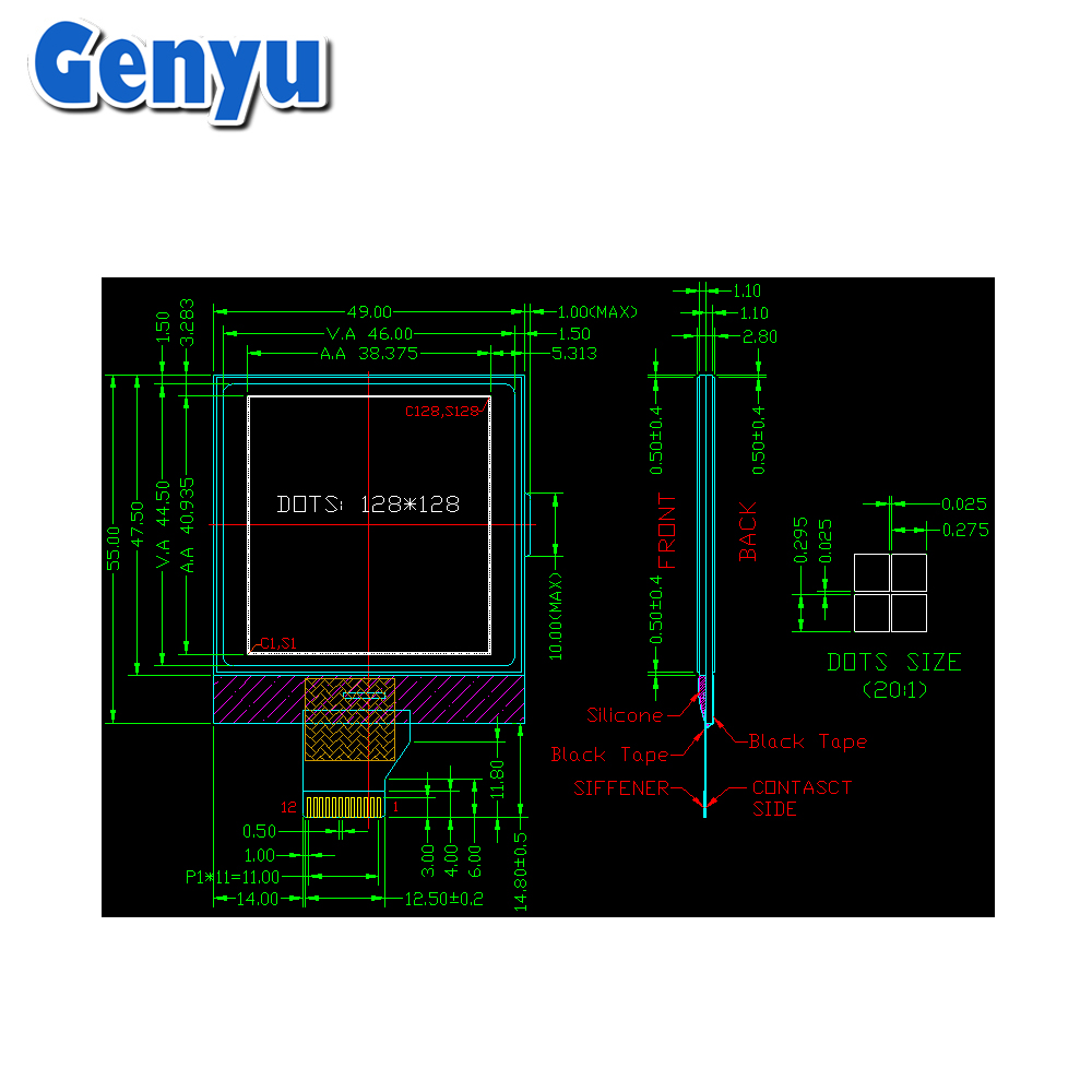 2.2 inch FSTN / Reflective / Positive UC1617S Spi Interface 128x128 Graphic LCD Display