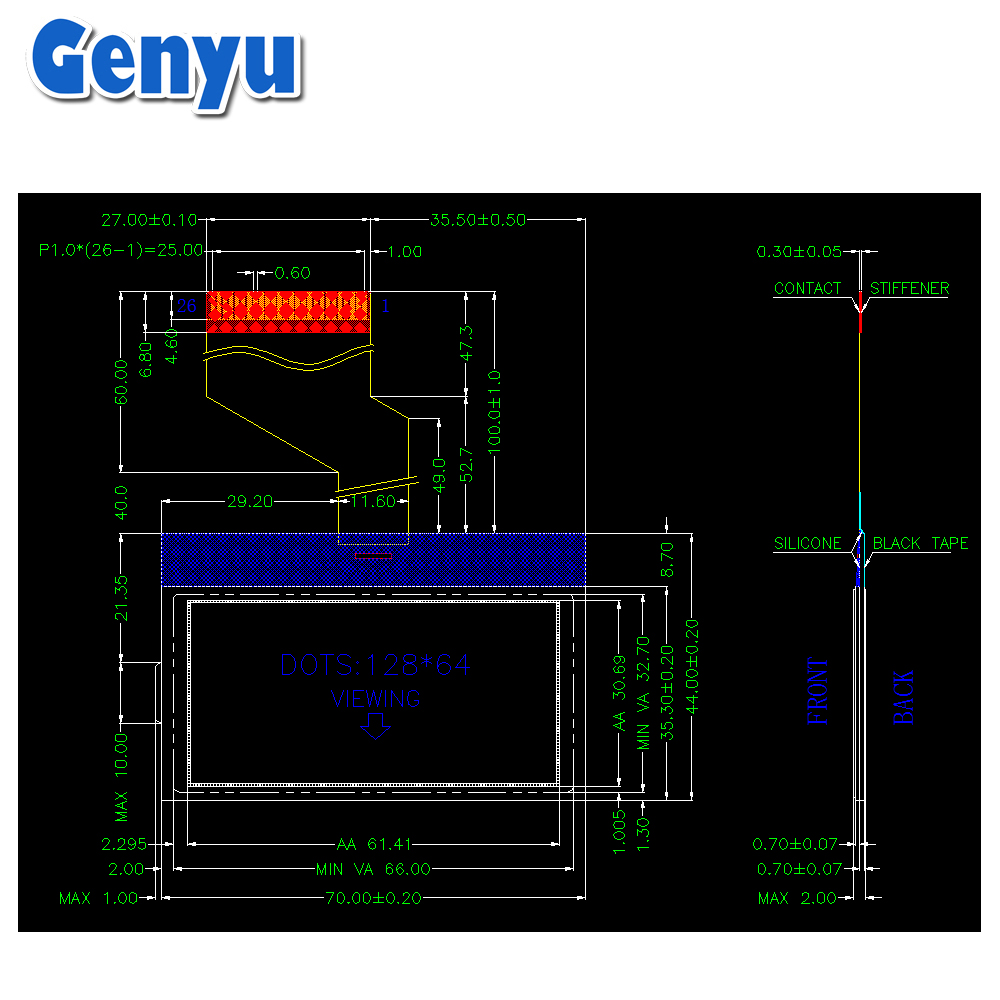 Genyu 2.7 inch LCD 26 Pin FPC FSTN Positive lcd display 128x64 Dots lcd Screen