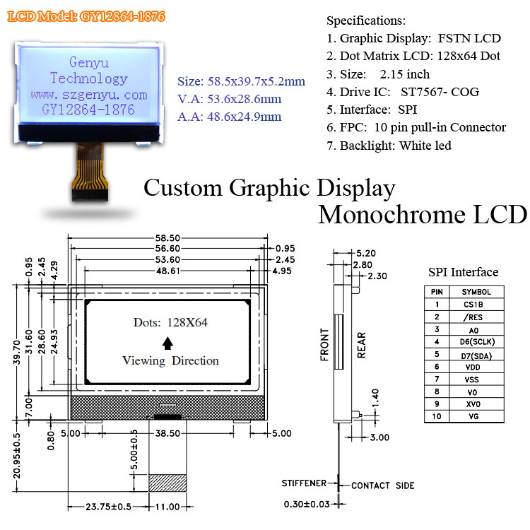 2.15 Inch Fstn Black White Monochrome Display 128x64 ST7567 SPI COG LCD