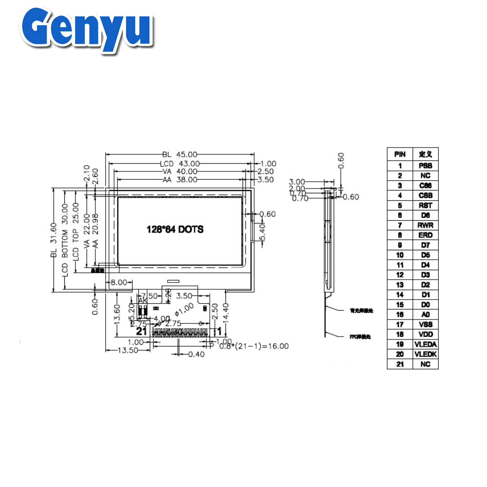 Genyu 1.7 Inch Fstn Graphic LCD Module 128x64 Dot Martix Orange COG LCM LCD Display