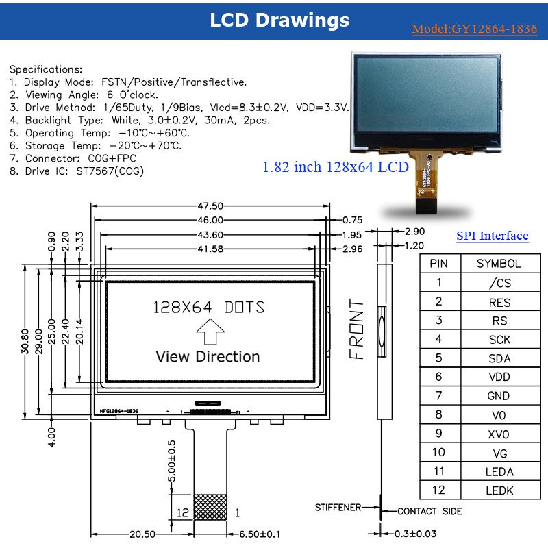 1.8 inch 12pin SPI COG FSTN LCD Positive 128x64 Graphic Display Modules