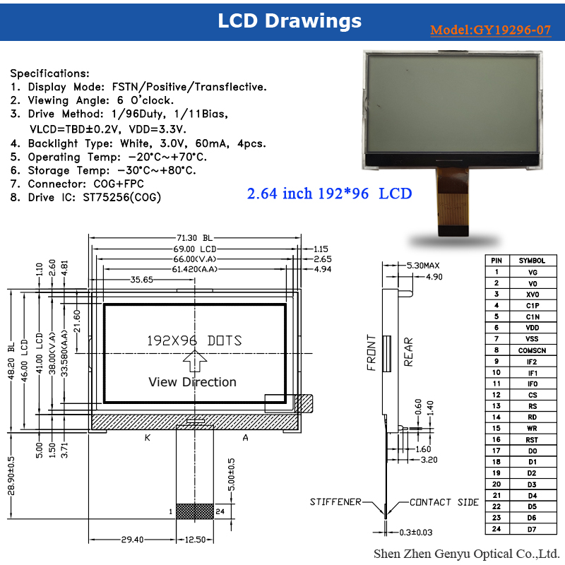 2.7 inch Fstn COG LCD 24pin FPC 8-bit Parallel interface 196x96 dots Graphic display