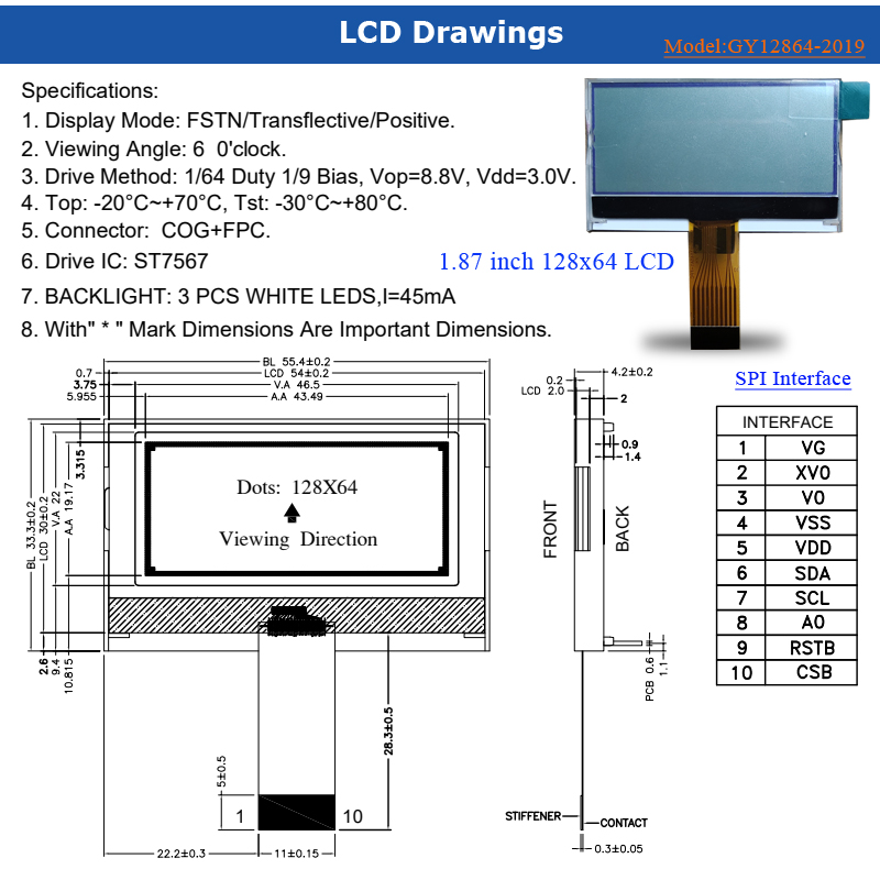 1.8 inch ST7567 SPI interface FSTN COG Monochrome Graphic display 128*64 LCD 12864