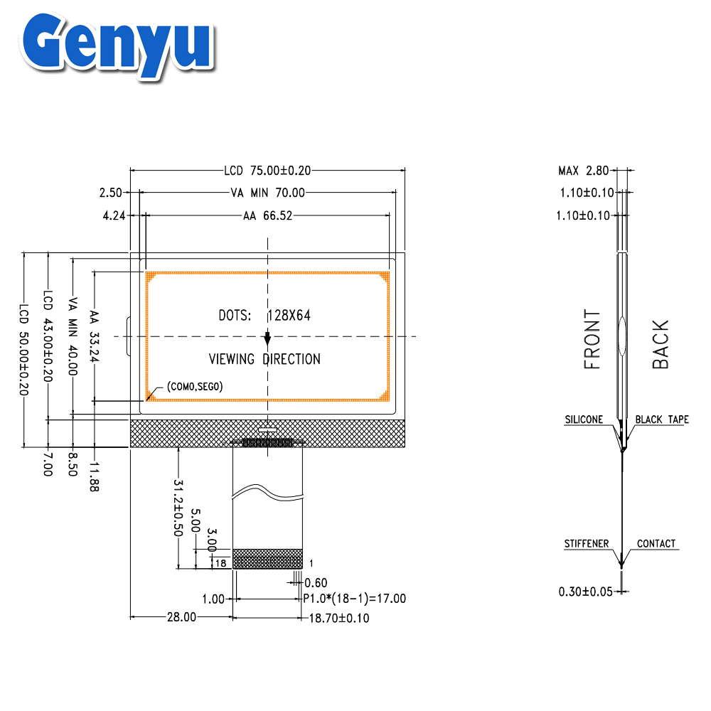 Genyu 2.9 inch FSTN COG+FPC 12864 Graphic lcd Module Custom Size LCD Screen