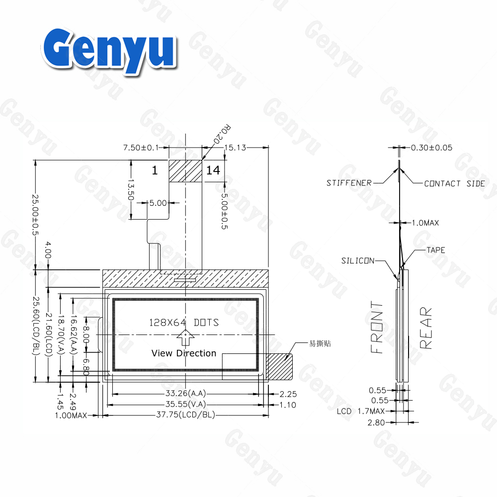 1.46 inch 12864 FSTN Positive LCD Small Size 128x64 Dots LCD screen