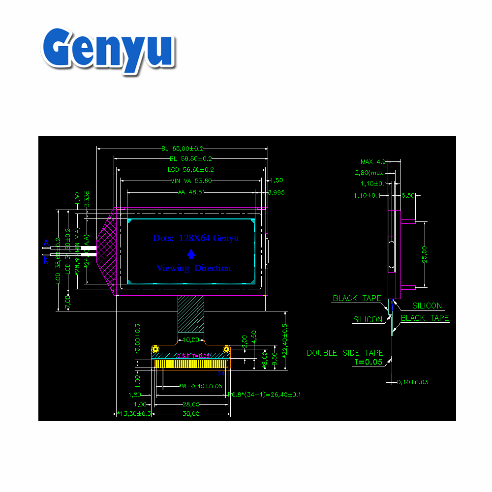 2.15Inch LCD STN Blue Negative 128*64 COG FPC LCD 12864