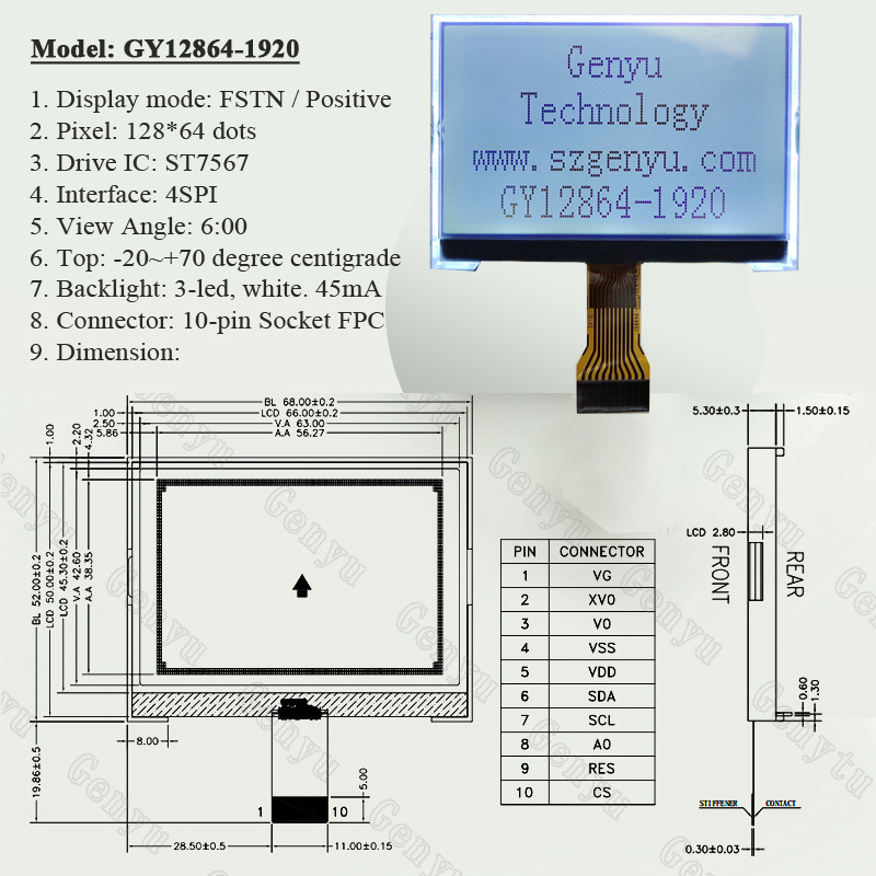 Positive Fstn 128*64 Dot ST7567 Spi Interface COG+FPC LCD display