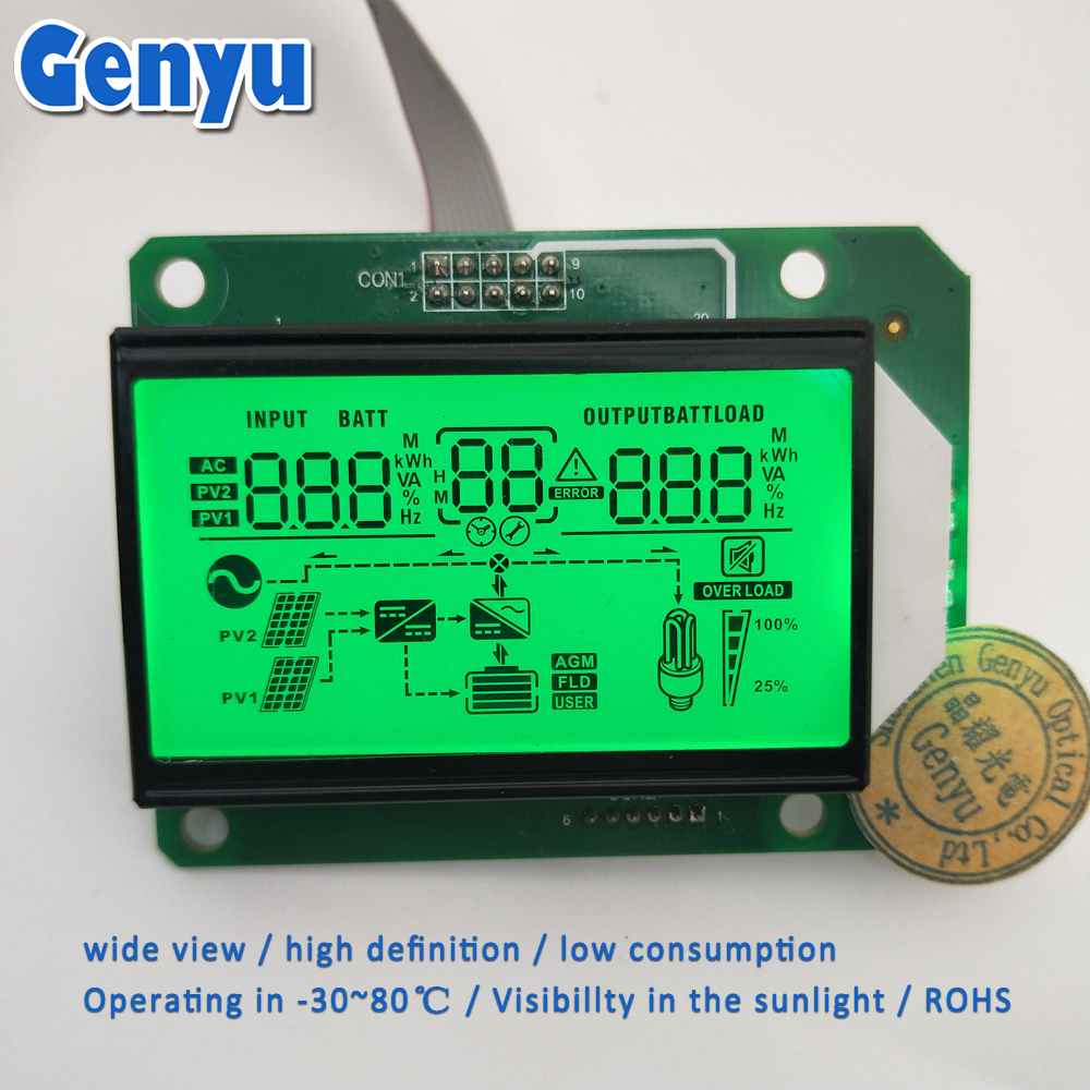 custom Inverter LCD China LCD supplier Monochrome HTN Green 7 segment LCD display