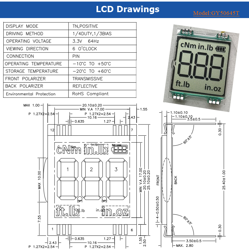 Low Power Consumption 1.2 Inch Mini LCD display 3 digits Custom TN Grey segment LCD