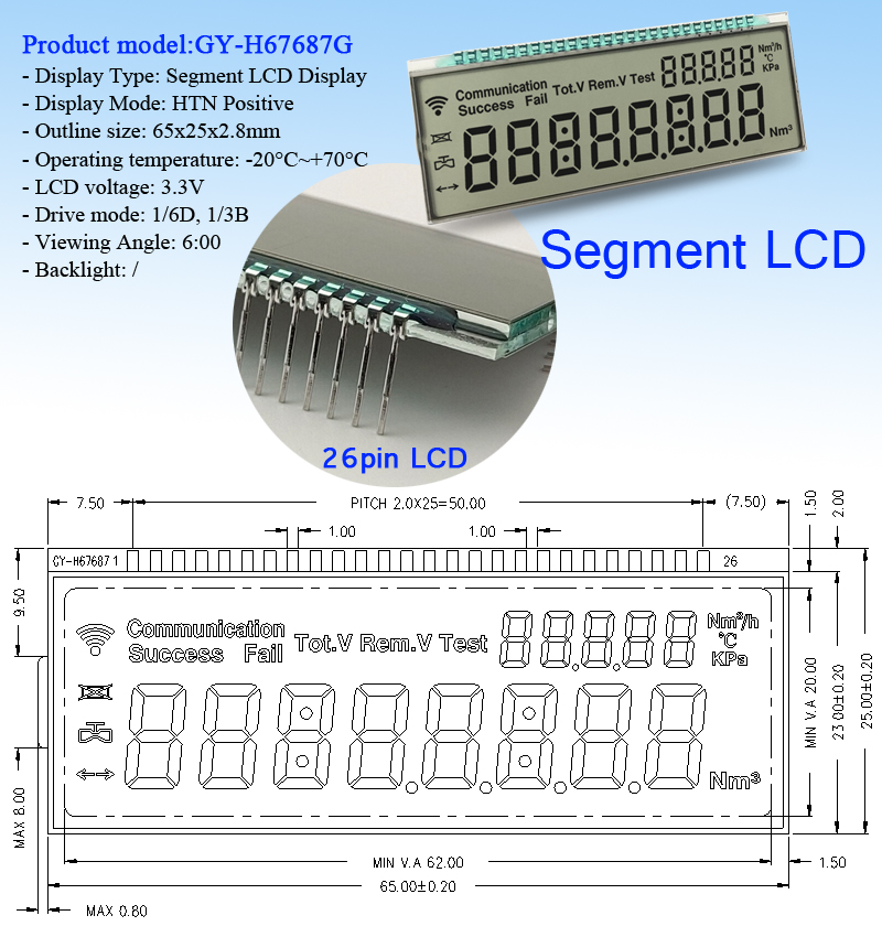 Positive Metal Pin Monochrome 7 Segment LCD HTN LCD Display For Gas Meters