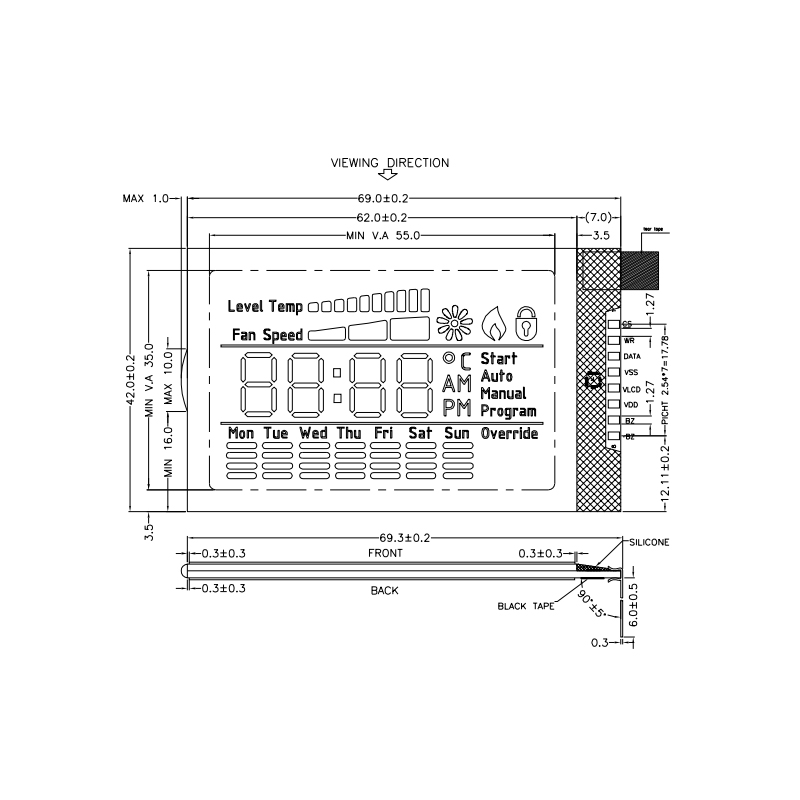 TN Grey color HT1621G LCD Display For Thermometer Display