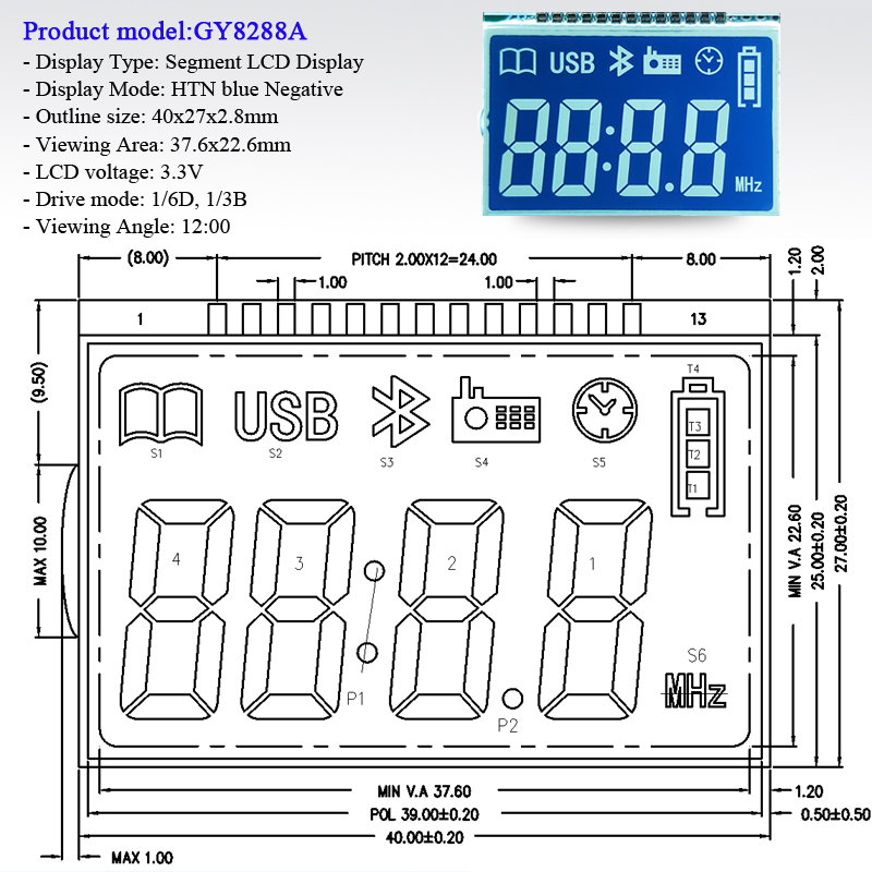 Genyu Customized Small Size LCD Display HTN Blue LCD