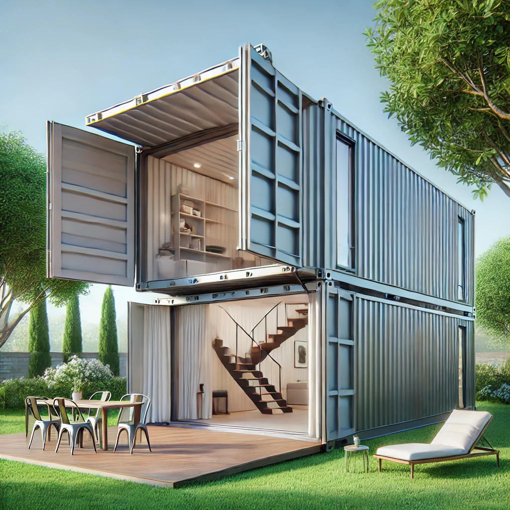 DALL·E 2024-10-11 17.35.21 - A modern, foldable, mobile shipping container home with sleek metal walls and large windows, placed in a serene outdoor environment. The home is parti.webp