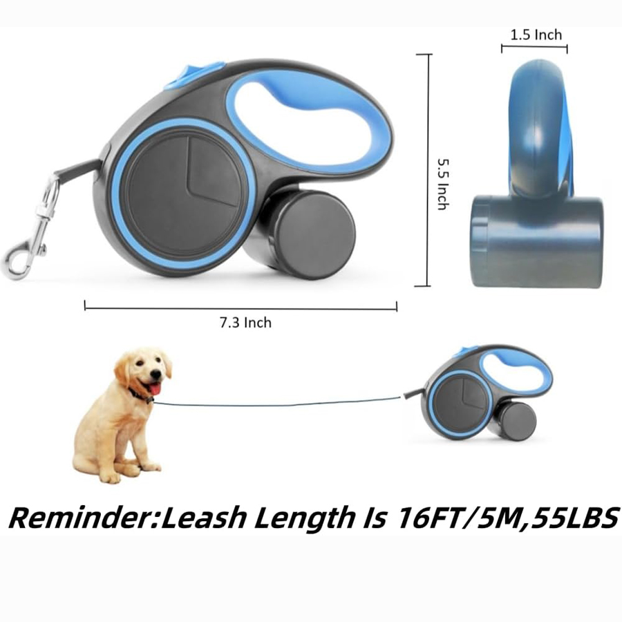 16 Ft 360° Tangle-Free Retractable Dog Leash with Integrated Waste Bag Dispenser