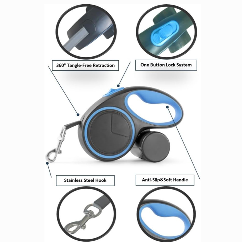 16 フィート 360° もつれのない格納式一体型廃棄物バッグディスペンサー付き犬用リード