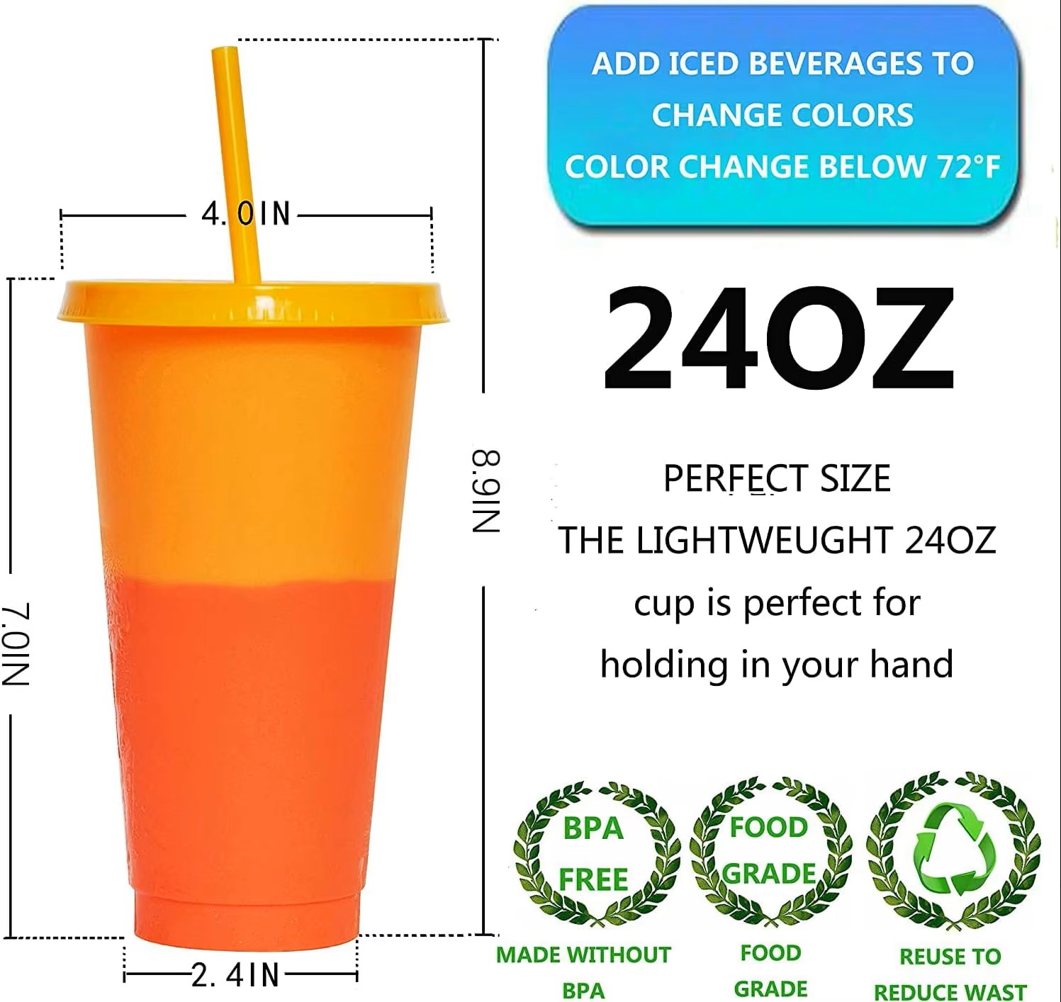 24oz Color Changing Cup with Lid & Straw