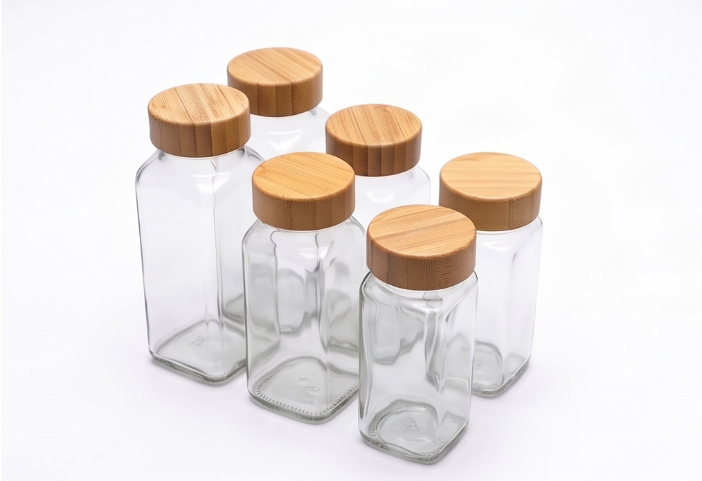 Square Glass Spice Jars with Natural Bamboo Lids