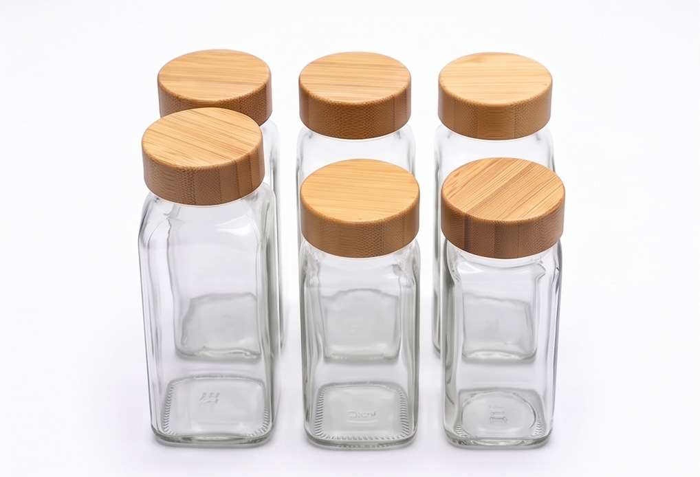 Square Glass Spice Jars with Natural Bamboo Lids