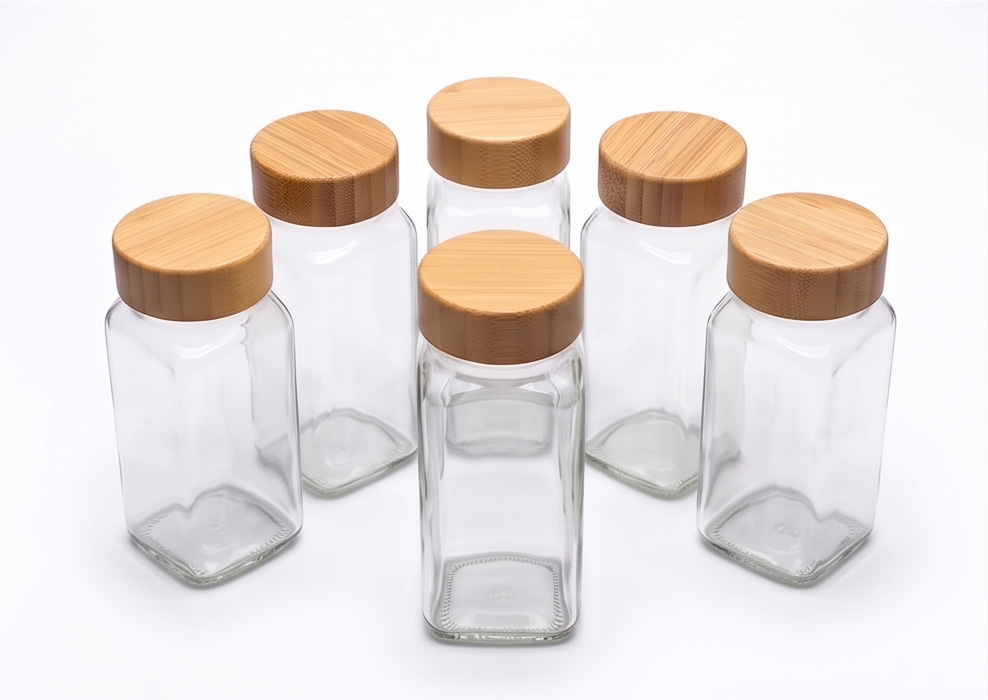 Square Glass Spice Jars with Natural Bamboo Lids